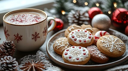 7. A plate of festive holiday cookies and candy placed next to a cup of hot cocoa, with Christmas ornaments and a snowy window view in the background
