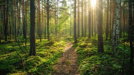 Obraz premium Tranquil forest path featuring towering trees, a lush green carpet of moss, and warm sunlight filtering through the leafy canopy.