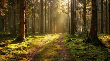 Obraz premium A serene forest trail with majestic tall trees, a vibrant carpet of moss beneath, and sunlight streaming through the leaves in soft beams.