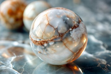 White and brown marble sphere with polished surface