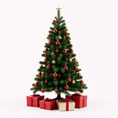 Christmas tree adorned with red ornaments and gifts against a white backdrop with ample space for text