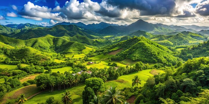 Sweeping vistas of emerald hills and majestic mountains unfold in Jarabacoa, Dominican Republic, a tropical paradise of breathtaking natural beauty.