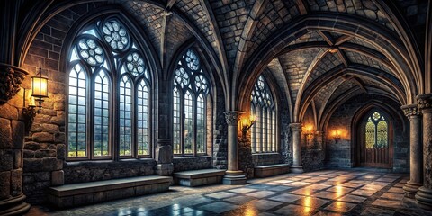 Stark stone walls enclose a labyrinth of dank corridors, while arched windows like skeletal fingers reach for the moon's distant glow.