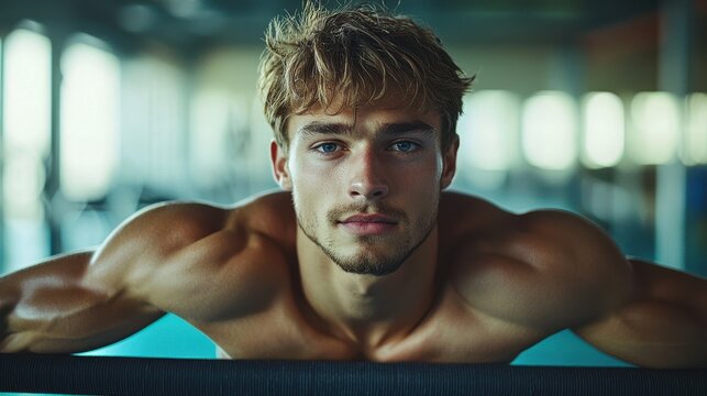 Waist-up portrait of a confident male gymnast on parallel bars in gym with focused expression and muscular build