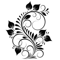 Black decorative ornament of silhouettes of flowers, swirls and leaves on white background. Floral design element.