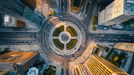 Aerial perspective of a city intersection with a circular plaza, with room for text in the open space