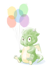 Small Baby Dragon with Balloons. Cute Dragon Kid. Young adorable green Dragon Child isolated on white background