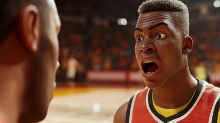 Intense Basketball Game Moment: Player Reacting to Referee's Call with Disbelief and Frustration on Vibrant Court
