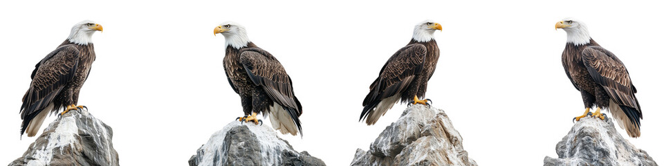 set of A bald eagle is sitting on a cliff by the sea, png file, eagle perched on a cliff, eagle by the sea, eagle on a cliff, eagle, mountain, sea, eagle resting, on a transparent backgrounds