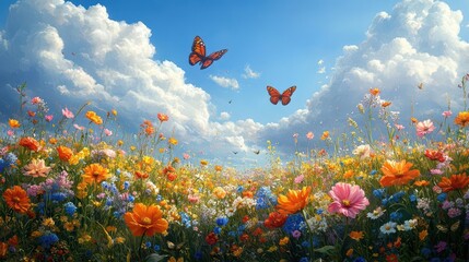 vibrant spring meadow bursting with colorful wildflowers butterflies flitting among the blossoms under a bright blue sky with fluffy white clouds exuding a sense of joy and renewal