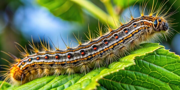 The tent caterpillar's ravenous mandibles chomp down on tender tree leaf segments, yellow-and-black striped body gazing up at the camera with an air of contentment.
