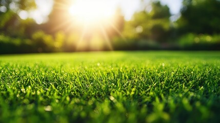 Naklejka premium A freshly mowed, green lawn under soft sunlight, with a close-up of the grass texture. The perfect nature wallpaper for spring or sports field imagery.