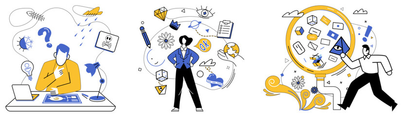 Innovation strategy vector illustration. Strategic exploration is microscope through which businesses examine intricate details development Progress in intelligent occupation is golden path leading