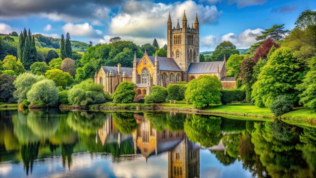 Buckfast Abbey Church in Buckfastleigh Devon England Europe; a beautiful Gothic style church surrounded by lush greenery and reflecting in a serene lake, peaceful, scenic, Gothic-style