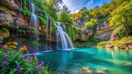 Naklejka premium Turquoise waterfall cascades down rugged limestone cliffs, surrounded by lush greenery and vibrant wildflowers, in a tranquil Oklahoma forest bathed in warm sunlight.