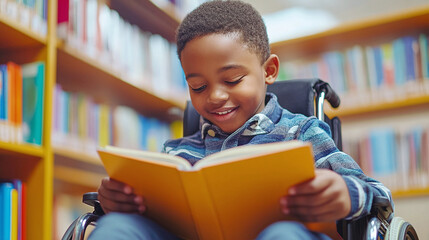 Happy young disabled school student in wheelchair reading a library book. African american child with disability learning. Rainbow pride classroom. Inclusive & diverse education