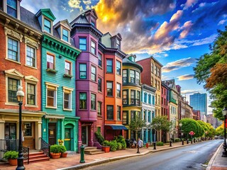 Fototapeta premium Vibrant Boston's Southie neighborhood radiates energy, with colorful buildings, bustling sidewalks, and eclectic storefronts, blending history and modern charm in a vibrant urban canvas.