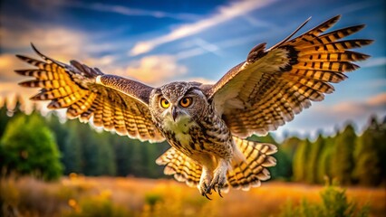 Fototapeta premium Majestic Owl in Flight Captured Against a Clear Sky Showcasing Its Grace and Natural Beauty