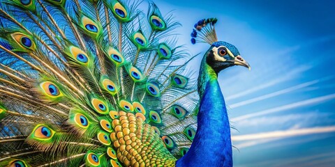 Obraz premium Majestic Peacock Spreading Its Vibrant Feathers While Soaring Through the Clear Blue Sky Above