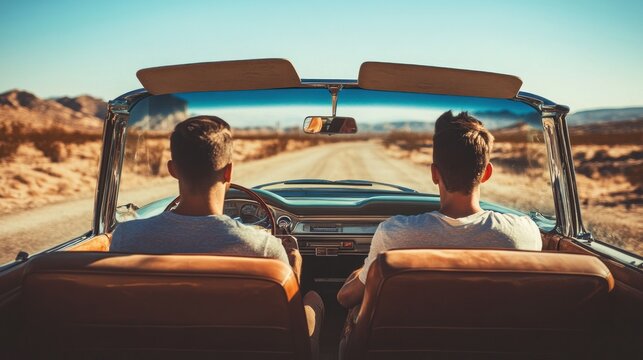 Rear view of two men in a vintage car driving on a dirt road with desert landscape.