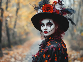 Day of the Dead-inspired costume with a skeleton face and flower crown