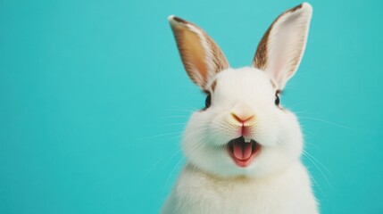Obraz premium A cute white rabbit with brown ears looking at the camera with its mouth open.