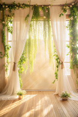 Floral garden backdrop with white draped curtains, ivy, flowers, soft sunlight.  Mockup serene scene background with copy space.