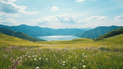 A peaceful meadow on Kurumayama Plateau with Lake Shirakaba shimmering in the background, surrounded by rolling hills and distant mountains.