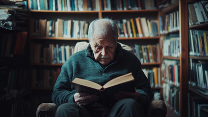 Elderly man reads a book in a cozy library on International Day of Persons with Disabilities