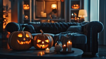 Obraz premium Two lit jack-o-lanterns on a coffee table in a dimly lit living room with a couch in the background.