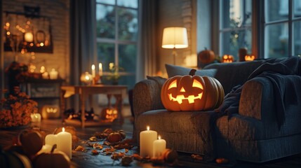 Fototapeta premium A lit jack-o-lantern sits on a couch in a dimly lit room with candles and autumn leaves scattered on the floor.