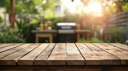 A rustic wooden table with a blurred BBQ grill and patio space in the background. Ideal for emphasizing outdoor dining and summertime cookouts.