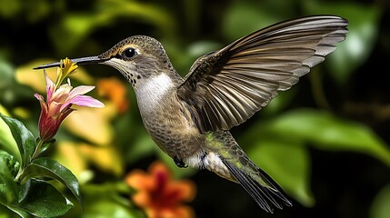 Fototapeta premium A vibrant hummingbird with finely detailed wings, gracefully sipping nectar from a flower in a lush garden. The background features a variety of colorful, blooming flowers and greenery,