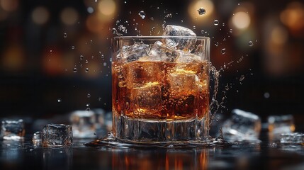 whiskey glass captured midsplash with ice cubes creating dynamic motion against a deep black background exuding a sense of elegance and sophistication in mixology