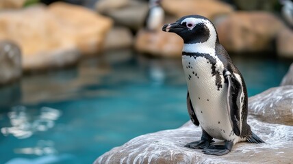 Fototapeta premium African penguin on rock before blue water background