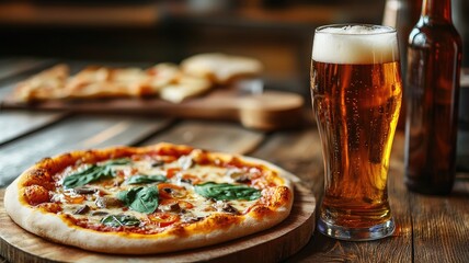 Wood-fired pizza with arugula and beer on rustic table