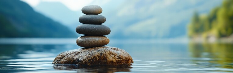 Balanced stones on serene lakeside with misty mountain background