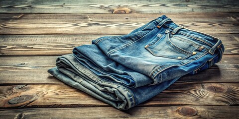 Worn denim jeans lie folded on a faded wooden floor, creases and knees bearing witness to countless comfortable adventures and relaxed moments.