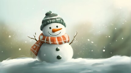 Fototapeta premium Cute snowman wearing a scarf and hat in a snowy winter scene, holiday season illustration with falling snow 