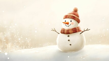 Obraz premium Cute snowman wearing a scarf and hat in a snowy winter scene, holiday season illustration with falling snow 