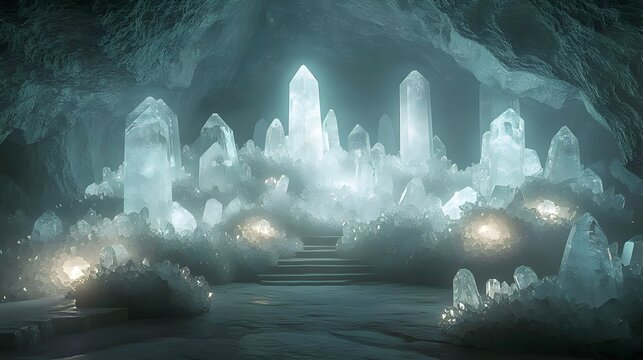 Mystical Quartz-Filled Cave Retreat with Radiant Crystal Sculptures and Soothing Ambiance