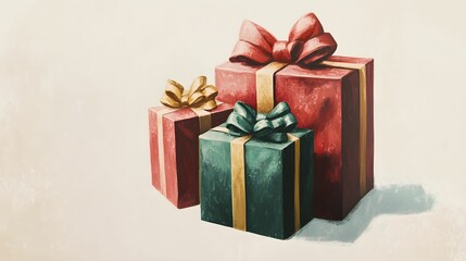 Obraz premium Colorful gift boxes with ribbons and bows, festive holiday presents illustration in watercolor style 
