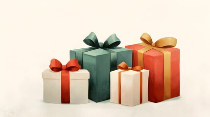 Obraz premium Colorful gift boxes with ribbons and bows, festive holiday presents illustration in watercolor style 