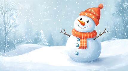 Fototapeta premium Cute snowman wearing a scarf and hat in a snowy winter scene, holiday season illustration with falling snow 