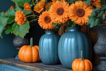 Rustic blue ceramic jack-o'-lantern vases with orange flowers in a charming autumn decor setting Generative AI