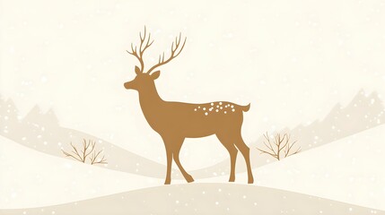 Golden silhouette of a reindeer in a snowy landscape with minimalistic winter scenery and snowflakes
