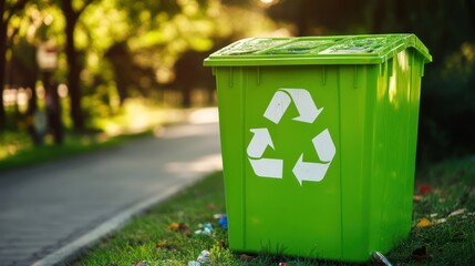 Green Recycling Bin with Recycling Symbol in Park.
