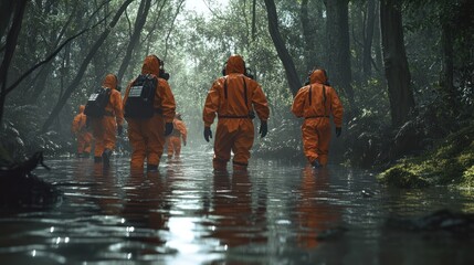 A group of people in hazmat suits walk through a flooded forest.