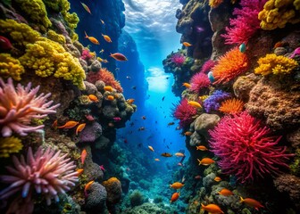 Naklejka premium Majestic Underwater Trench in the Deep Ocean with Vibrant Marine Life and Unique Geological Features