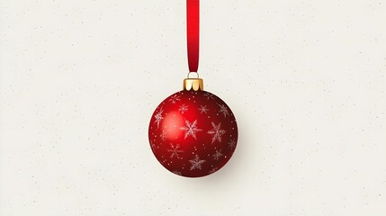 Red Christmas bauble with snowflakes hanging on ribbon, festive holiday decoration in snowy winter background
